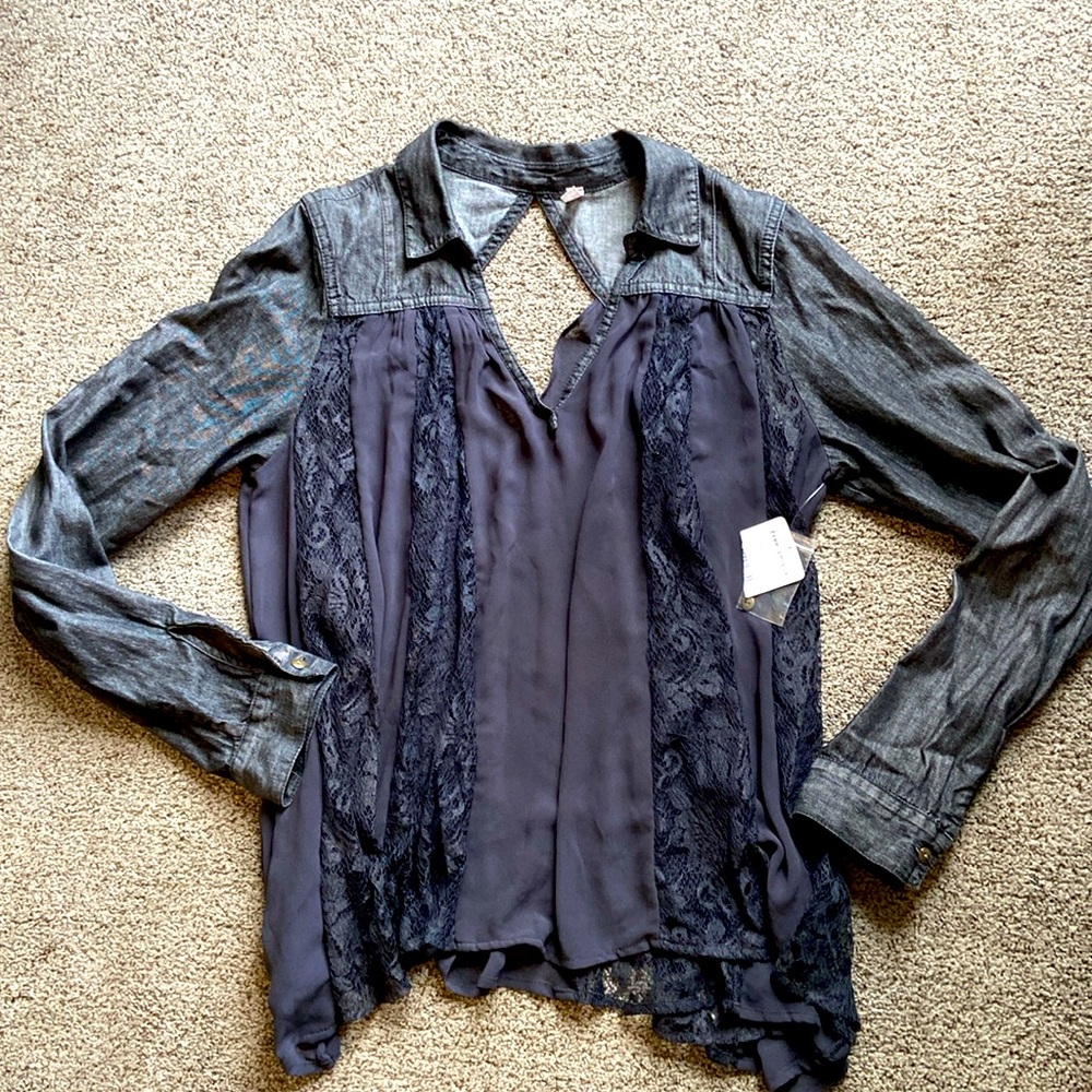 NWT New Free People black lace/denim sheer swing top Sz L